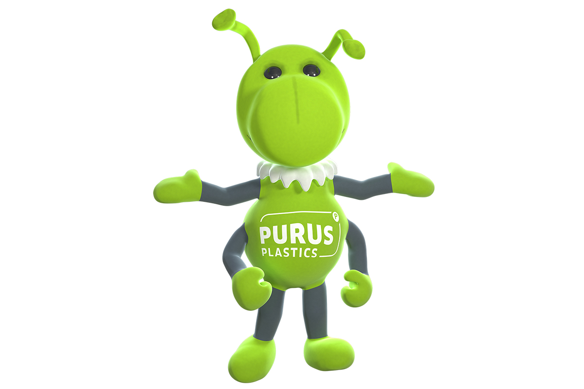 Das Maksottchen für die Paletten von PURUS PLASTICS ist eine grüne Ameise mit dem Firmenlogo auf dem Bauch und breitet seine oberen Arme zur Seite aus.