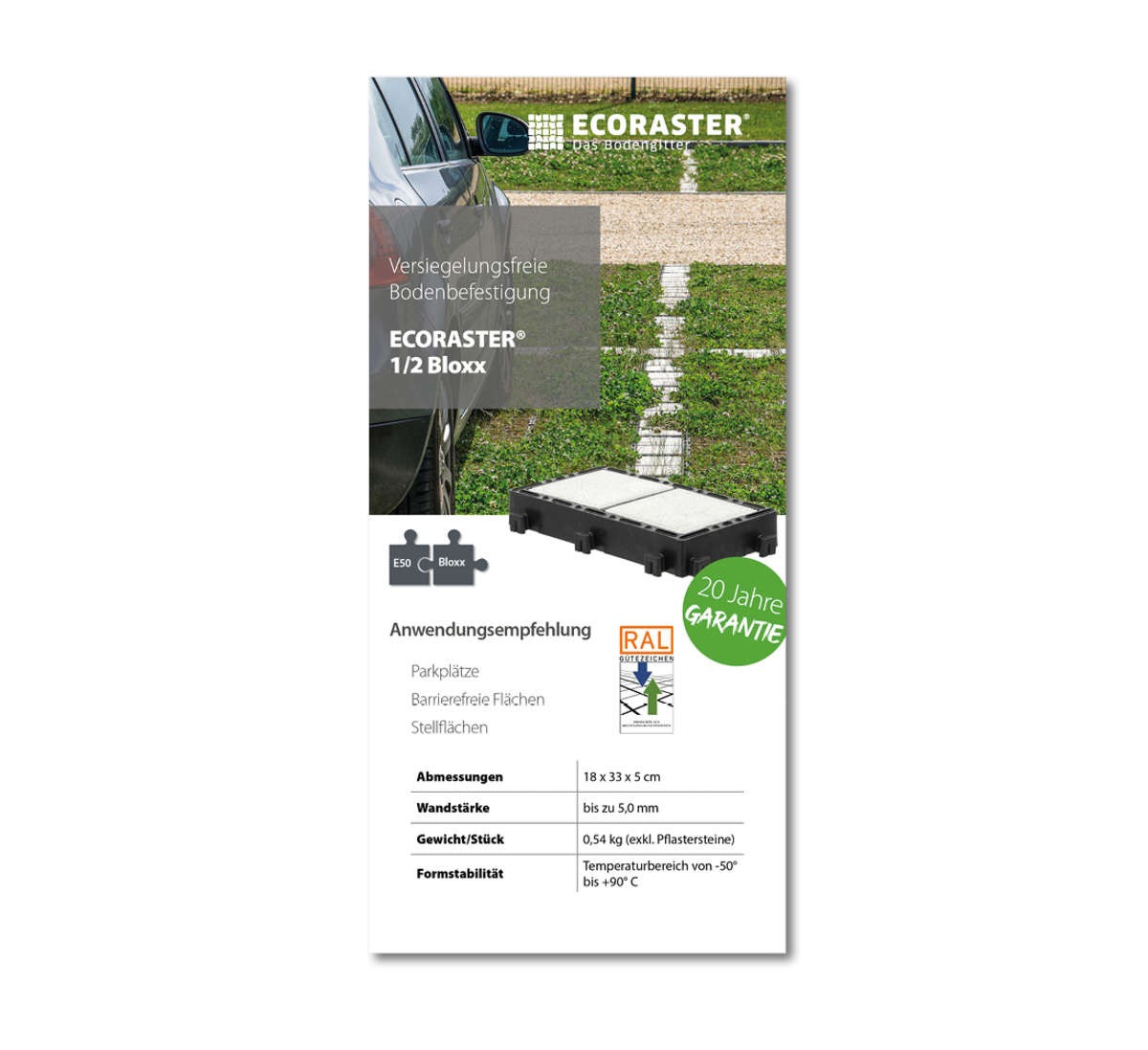 Vorderansicht des ECORASTER 1/2 Bloxx Datenblatts