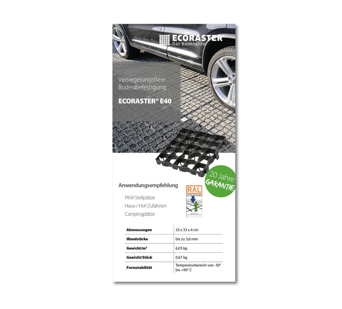 Vorderansicht des ECORASTER E40 Datenblatts
