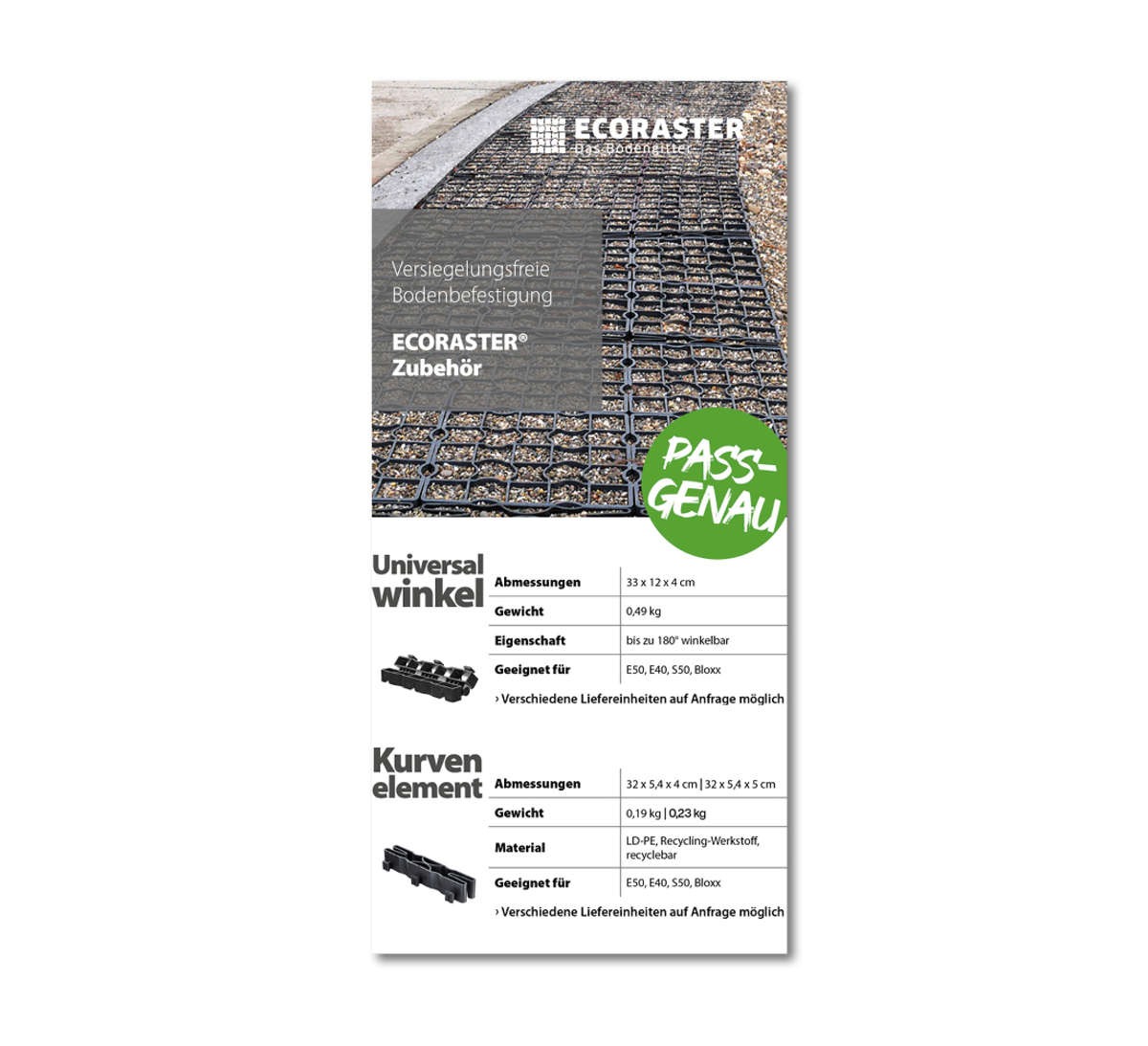 Vorderansicht des ECORASTER Zubehör Datenblatts