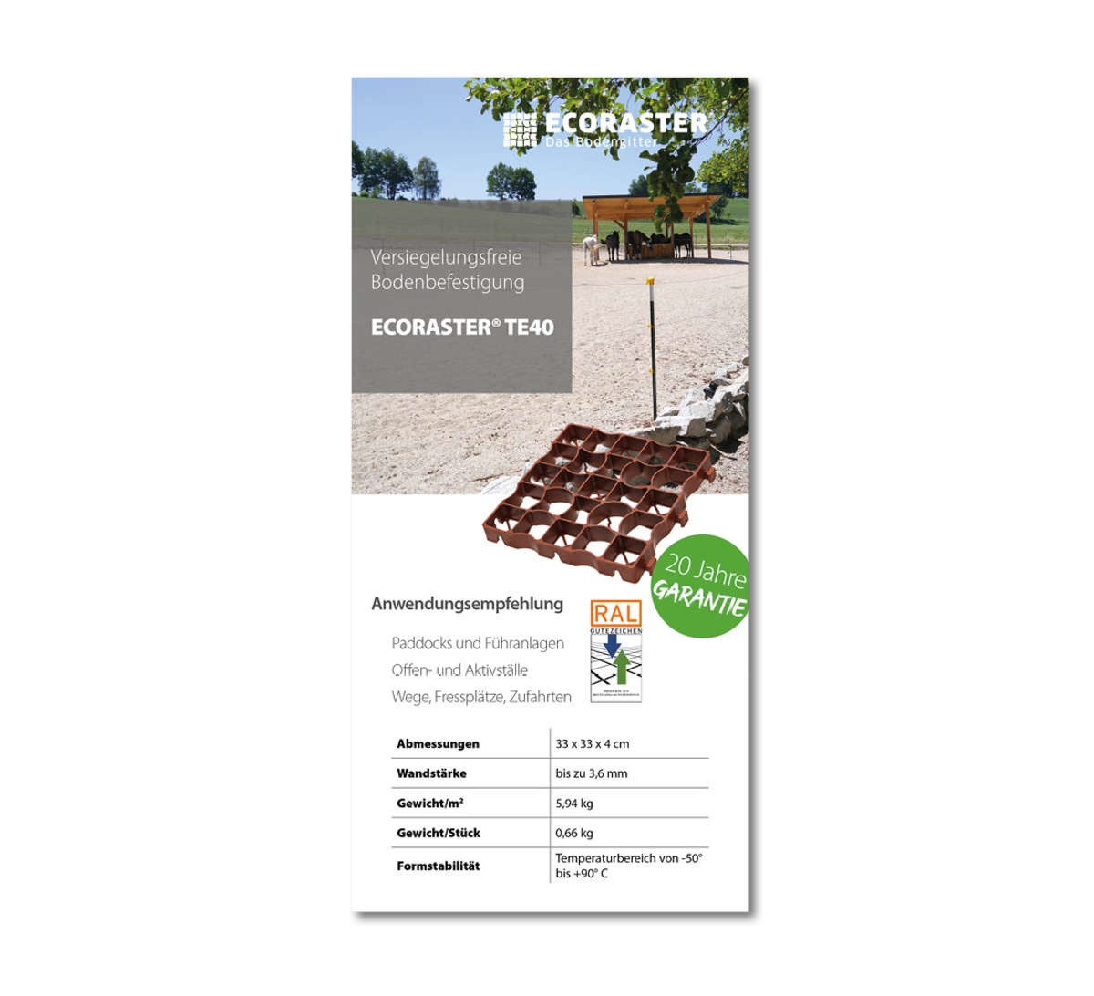Vorderansicht des ECORASTER TE40 Datenblatts