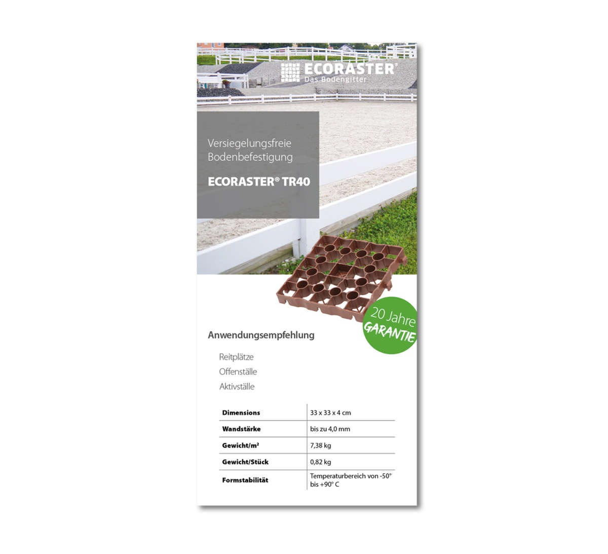 Vorderansicht des ECORASTER TR40 Datenblatts