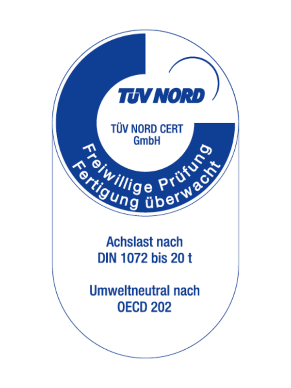 TÜV Nord Prüfsiegel in blau-weißen Farben zur Achslast und Umweltneutralität.