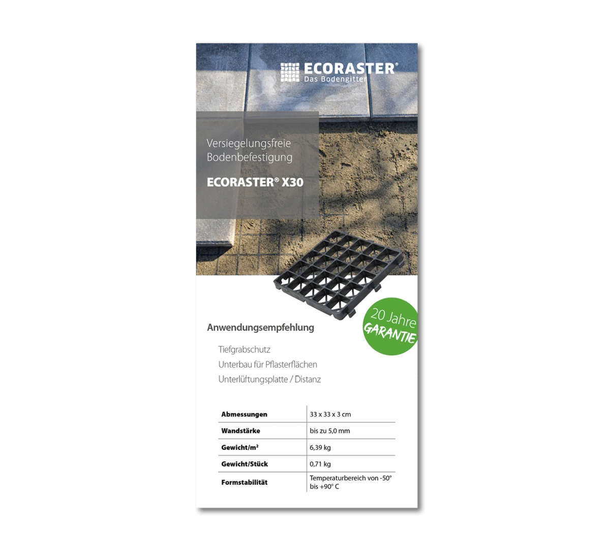 Vorderansicht des ECORASTER X30 Datenblatts
