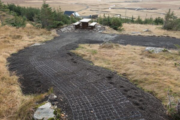 Mit Steinen befüllte ECORASTER Wege mit Kurven in isländischer Natur