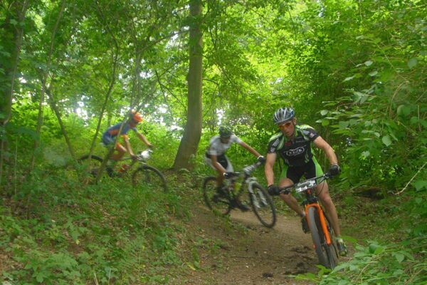 Radfahrer fahren in einer Waldumgebung um eine Kurve