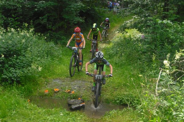 Radfahrer fahren in einer Waldumgebung über einen kleinen Bach
