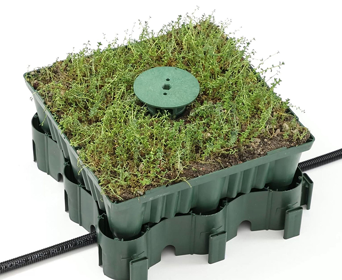Kompletter Aufbau des ECOgreen Systems mit Schlauch, Grundplatte, begrünter Boxx und Adapter