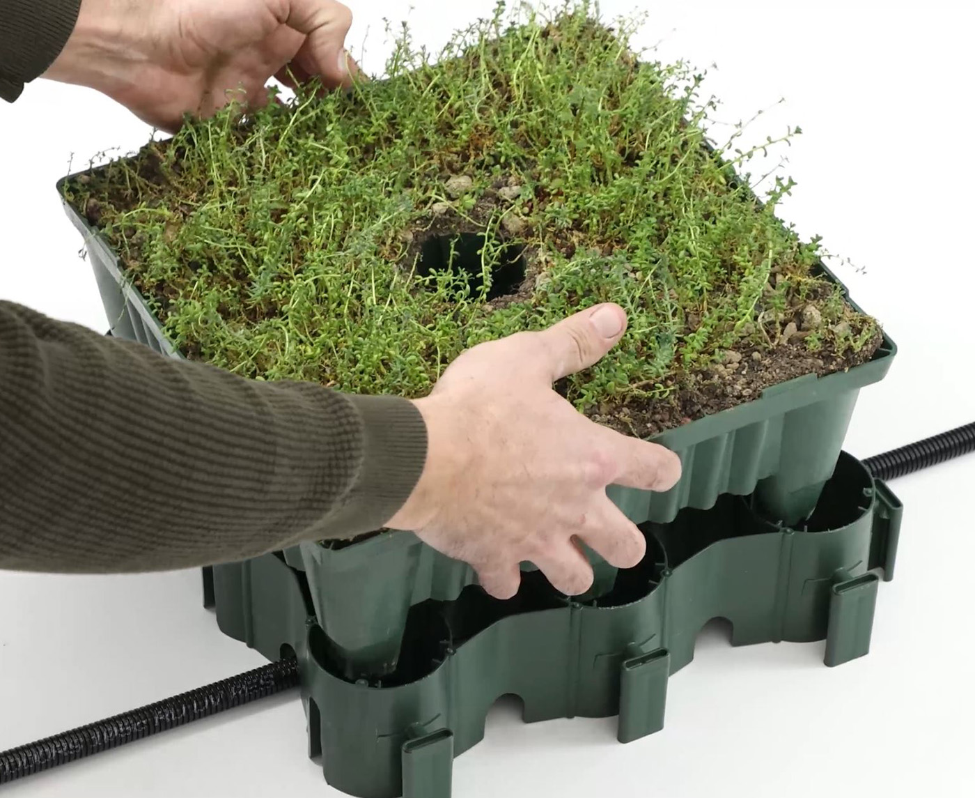 Eine Hand setzt eine begrünte Box auf ein grünes Bodengitter