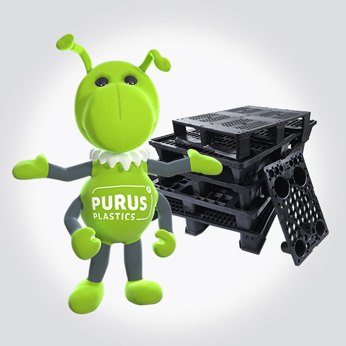 Fidus und Palettenstapel vor hellgrauem Hintergrund