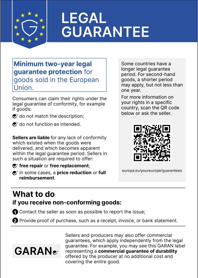 Informationsbild mit Text zu der gesetzlichen Gewährleistung der EU auf englisch