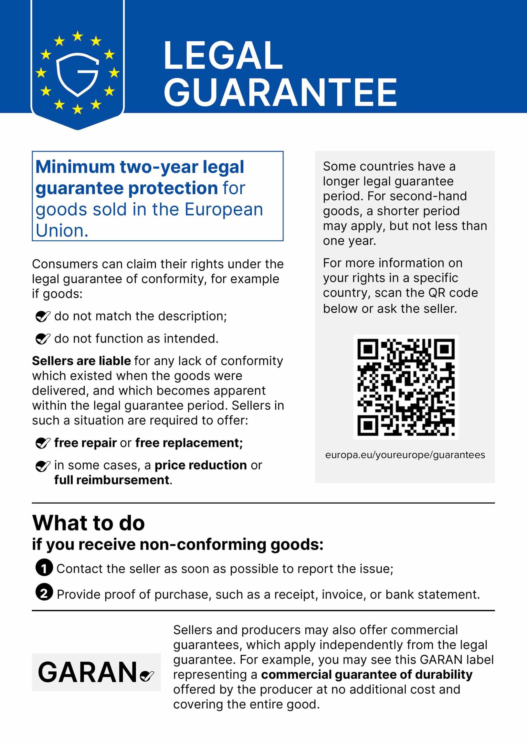Informationsbild mit Text zu der gesetzlichen Gewährleistung der EU auf englisch